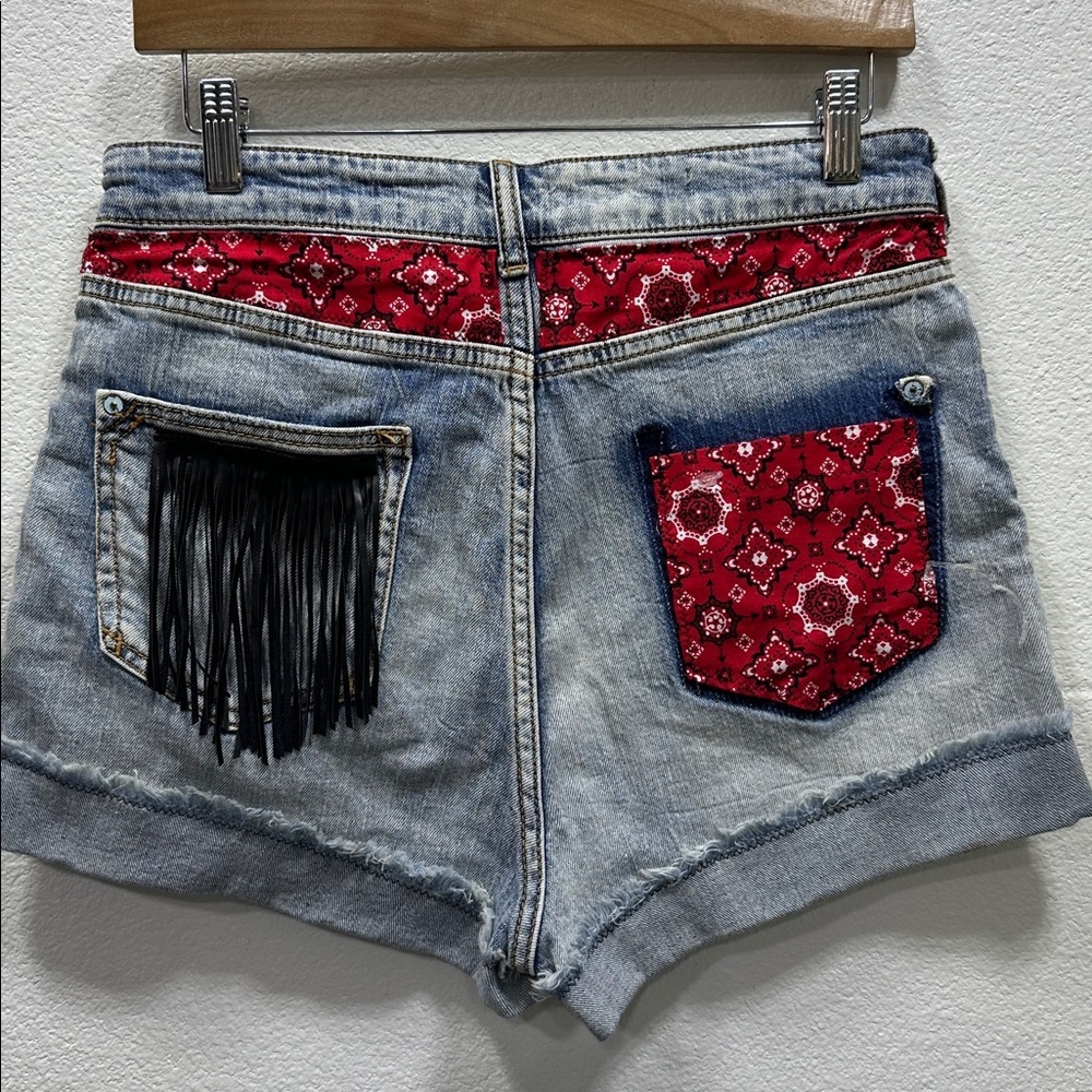 Pilcro by Anthropologie Jean Boho Fringe Denim Shorts w/ Red Bandana Detail - Picture 6 of 8